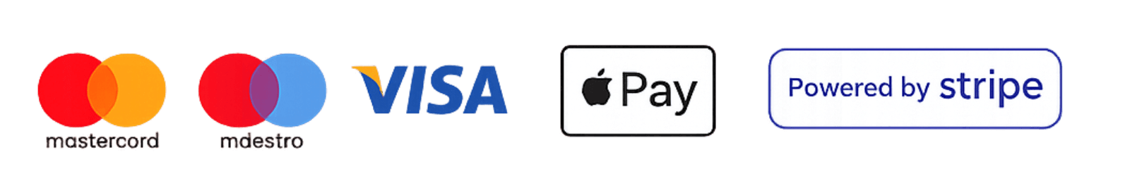 Métodos de pago aceptados: Mastercard, Maestro, Visa, Apple Pay y Stripe